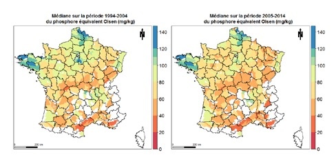 Cartes des médianes des teneurs en phosphore équivalent Olsen exprimé en P2O5 (mg P2O5 / kgterre), par petite région agricole, calculées pour les périodes 1994-2004 et 2005-2014