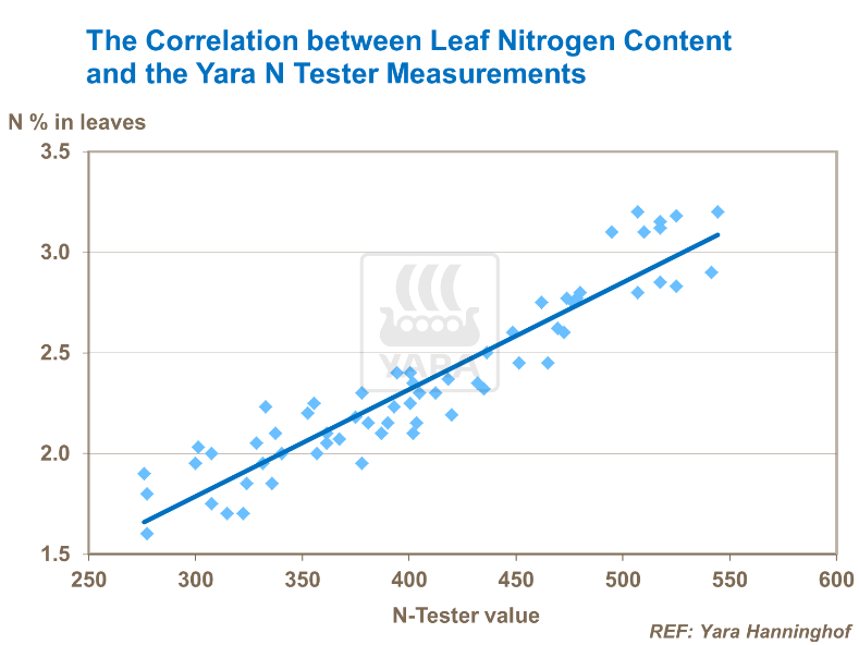 la corrélation entre la teneur en azote des feuilles et les mesures du testeur yara N