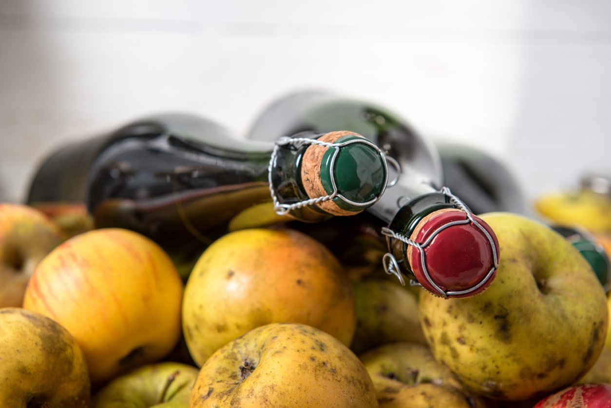Bouteilles de cidre posées sur des pommes