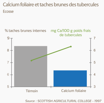 Graphique calcium foliaire et taches brunes des tubercules